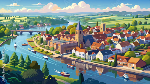 Aerial panoramic view of the beautiful town of Marlow, situated on the river Thames in Buckinghamshire, UK
