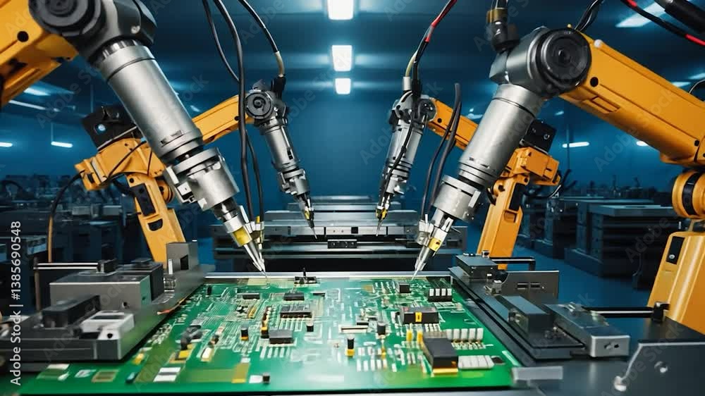 Robotic arms assembling electronic components onto a circuit board in a factory