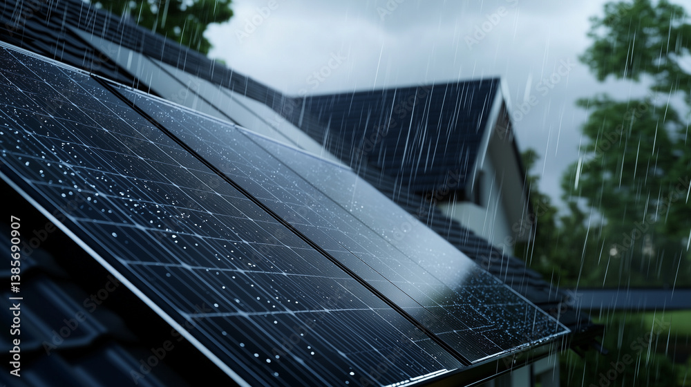 Sleek black solar panels installed on a new suburban house, covered in raindrops as a storm passes, demonstrating the durability of renewable energy technology