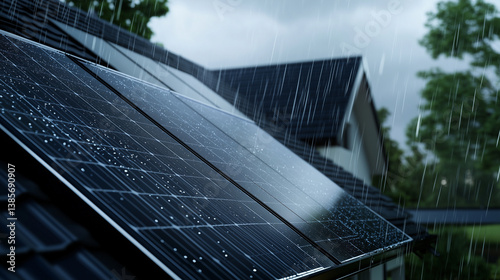 Obraz na płótnie Sleek black solar panels installed on a new suburban house, covered in raindrops as a storm passes, demonstrating the durability of renewable energy technology w salonie
