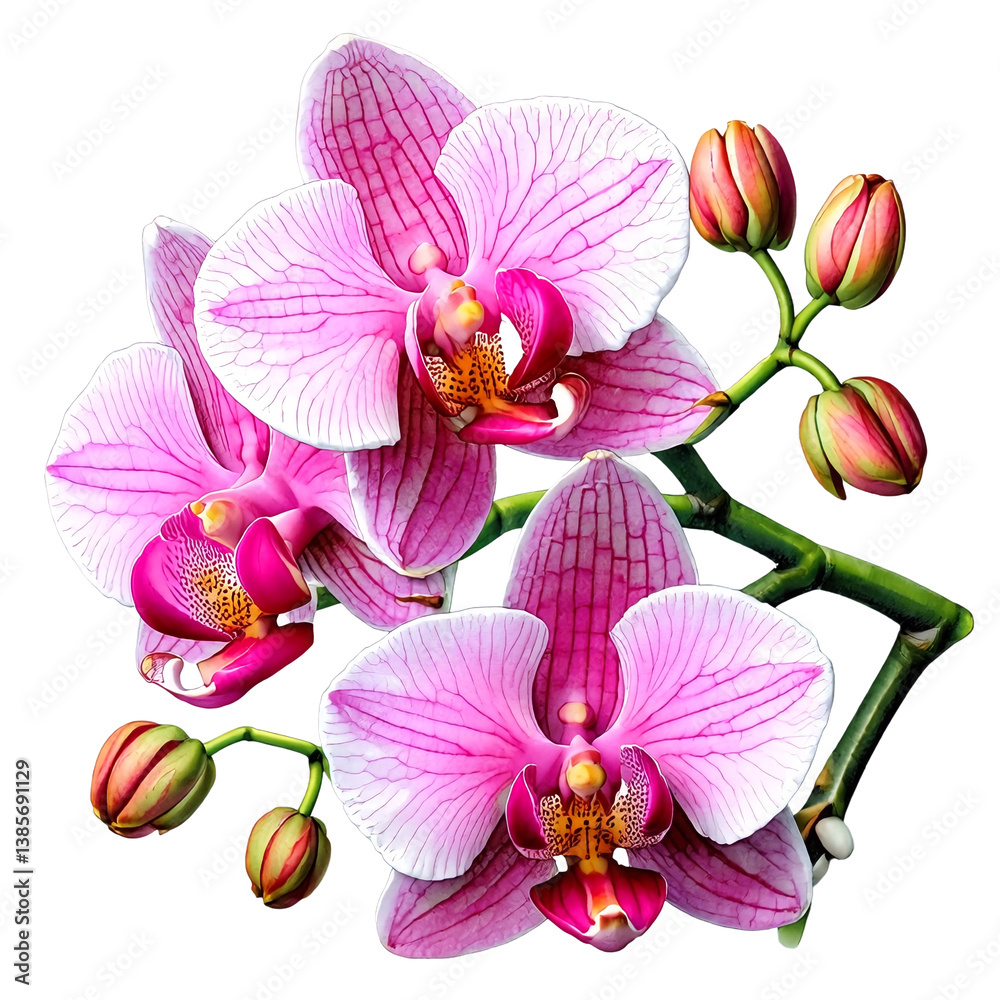 Obraz premium a detailed botanical illustration showcases a vibrant pink orchid branch with fully bloomed flowers and several unopened buds against a plain white background.