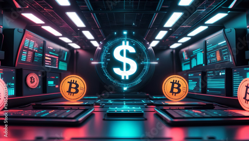 Futuristic concept of digital currency merging with cash, glowing cyber aesthetic and modern fintech style photo