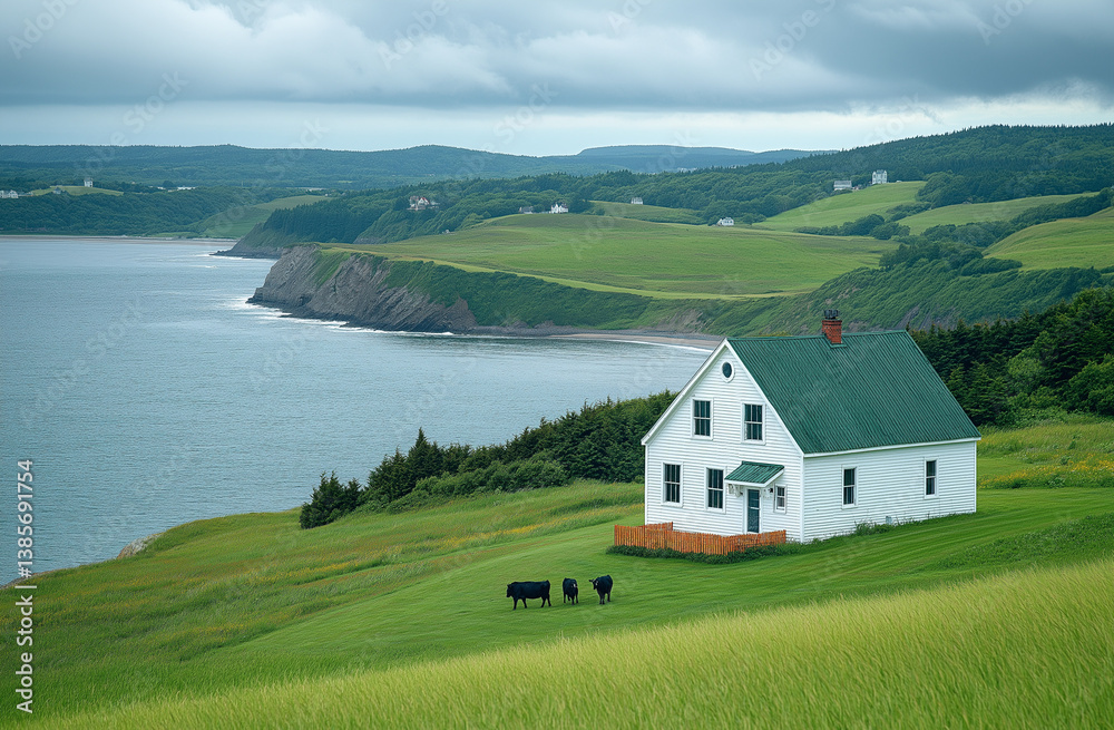 White house with green roof on grassy field by the ocean