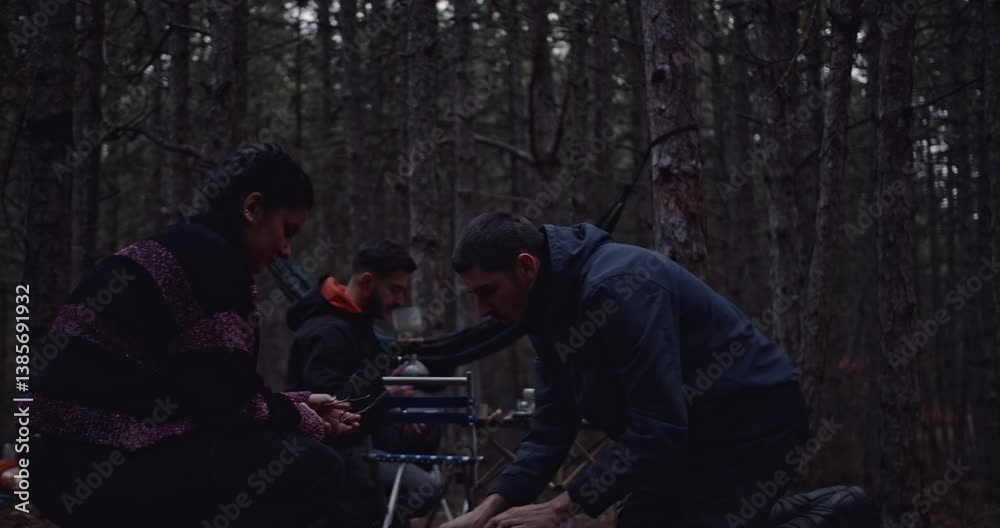 Friends enjoy a winter picnic in the woods. They gather around a campfire, sharing stories and laughter. Friends enjoy a winter picnic in the woods. They gather around a campfire, sharing stories and laughter.