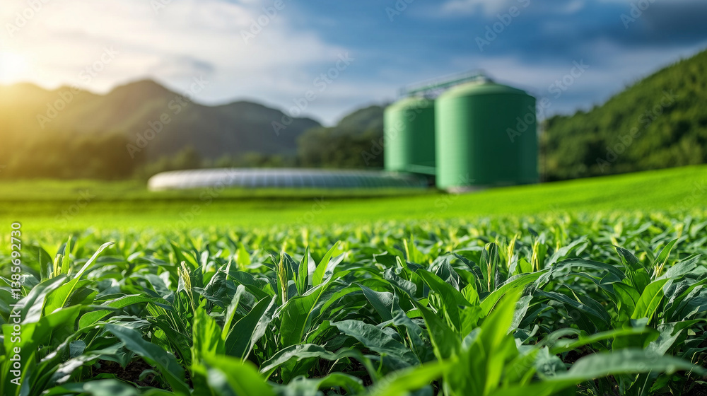 Rural agricultural land with a green biogas facility in the background, fermentation tanks for biofuel production surrounded by lush greenery and healthy crops