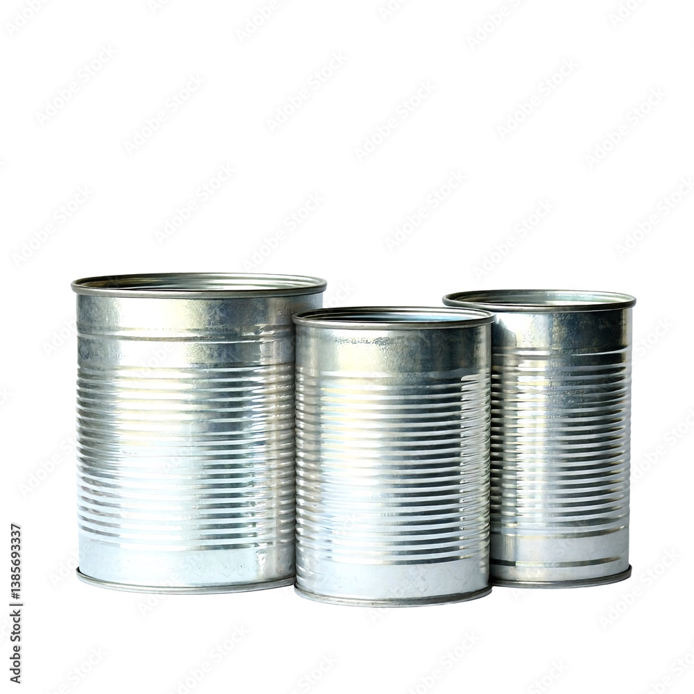 three empty metallic food cans of varying heights stand aligned on a plain white background.
