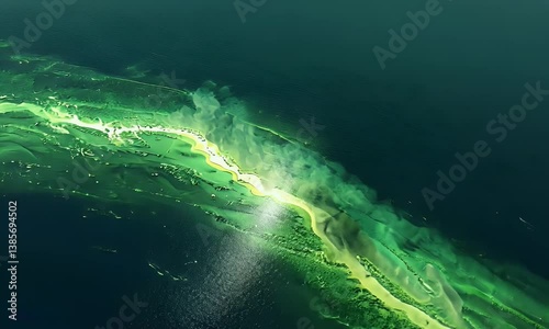 Vibrant algae bloom streaks through a body of water, creating vivid patterns and textures