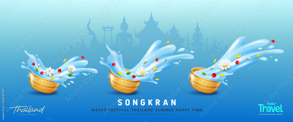 Obraz premium Songkran water festival thailand, flowers in a water bowl water splashing, banner design collections on blue background