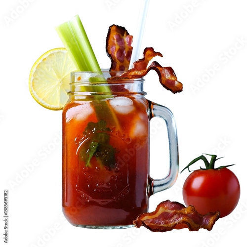 a vibrant bloody mary cocktail in a mason jar is garnished with celery, a lemon wedge, and crispy bacon alongside a fresh tomato.