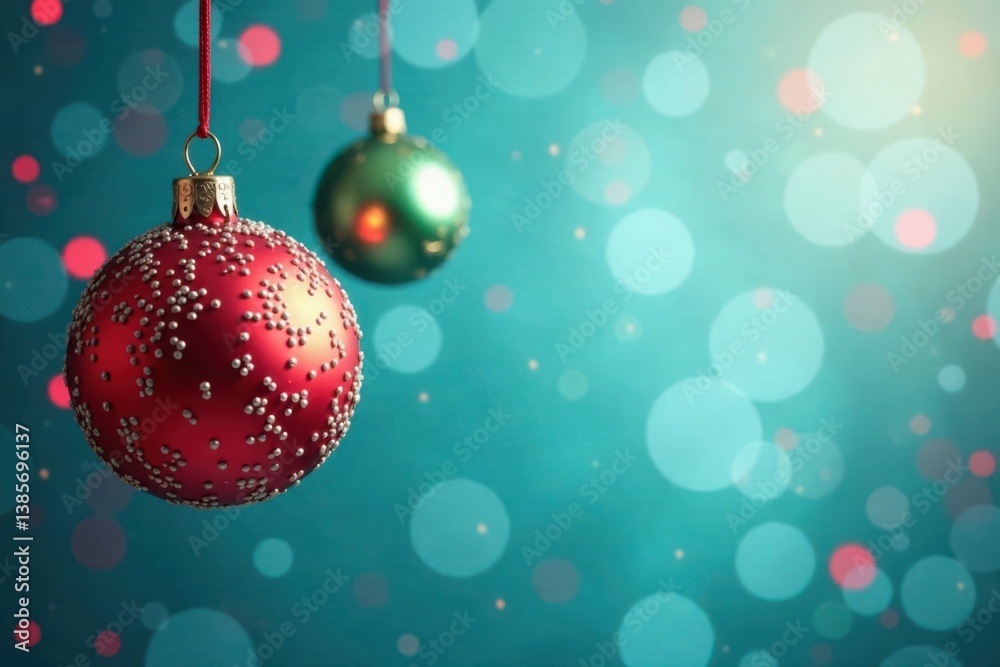 Fototapeta premium Colorful ornaments hang from a frosted glass blue background with red and green accents, hanging, gift