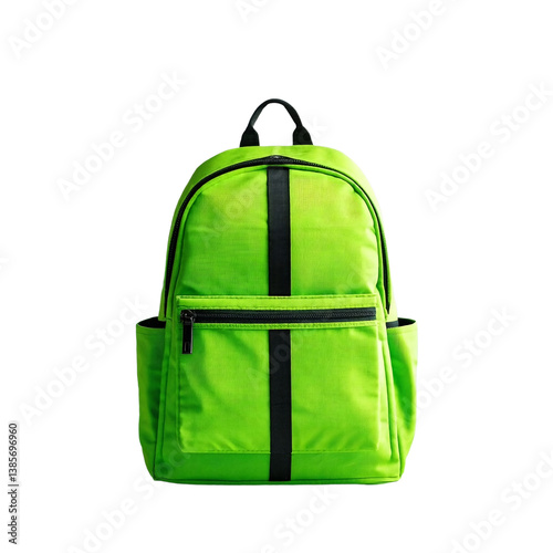a vibrant green backpack with a black stripe and side pockets is displayed against a plain white background.