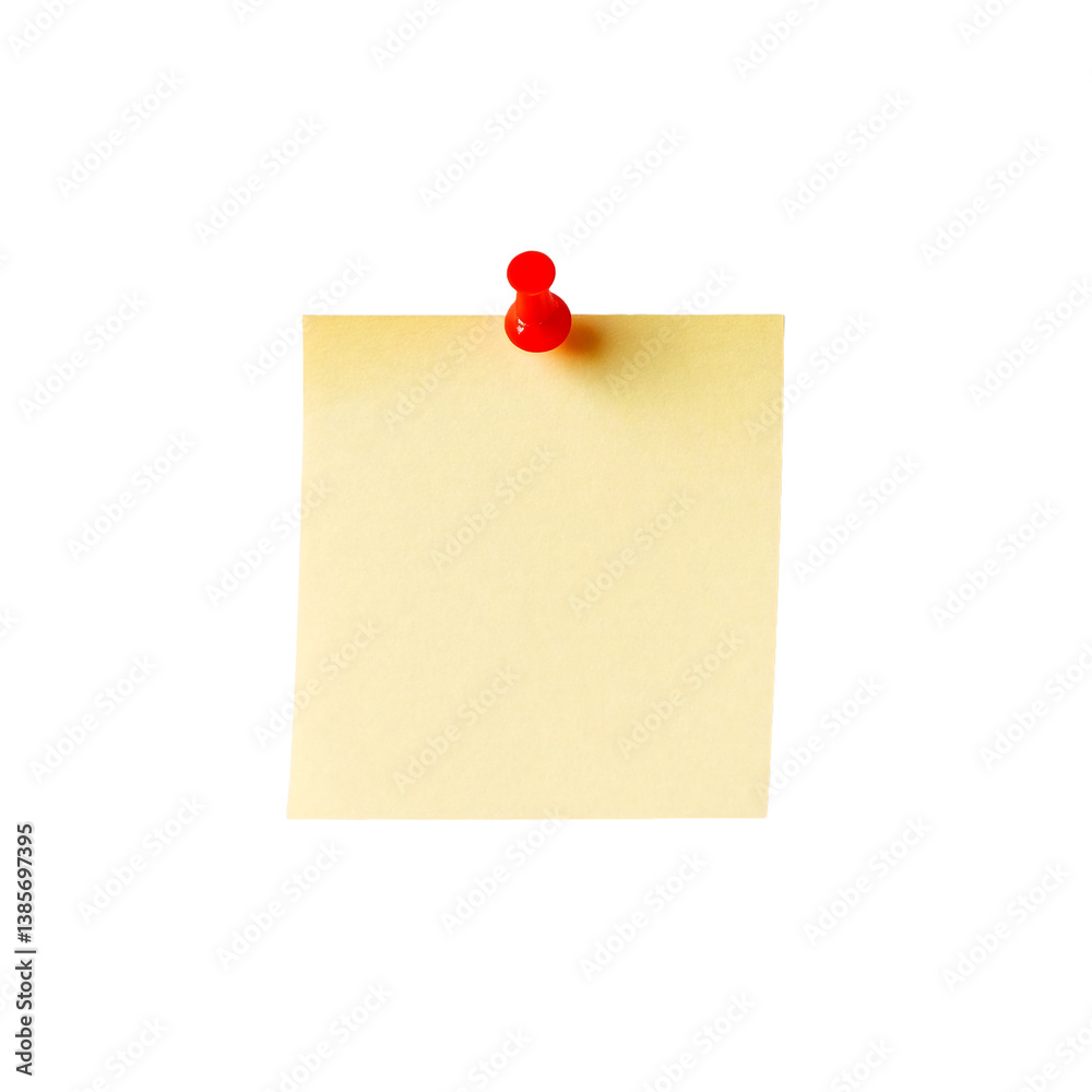 a rectangular tan sticky note is pinned to a white surface with a red pushpin. a rectangular tan sticky note is pinned to a white surface with a red pushpin.