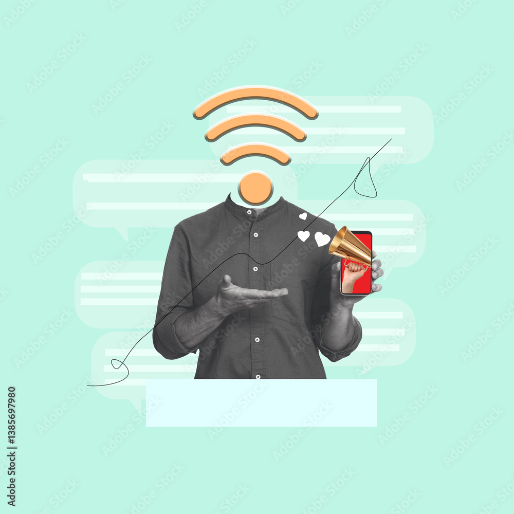Content manager with wi-fi signal symbol instead of head showing mobile phone on turquoise background, creative collage