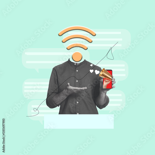 Obraz na płótnie Content manager with wi-fi signal symbol instead of head showing mobile phone on turquoise background, creative collage w salonie