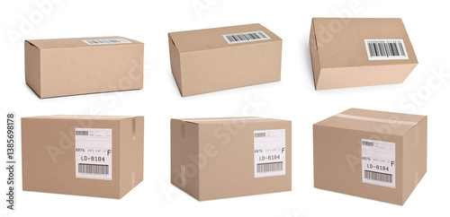 Many different parcels with shipping labels isolated on white, collage