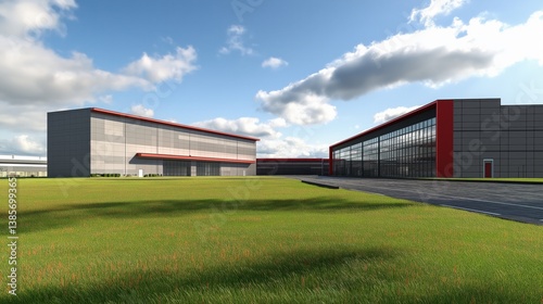 Wallpaper Mural A large, modern industrial warehouse building, light gray and dark gray panels, with a red trim, sits on a grassy field under a partly cloudy blue sky Torontodigital.ca