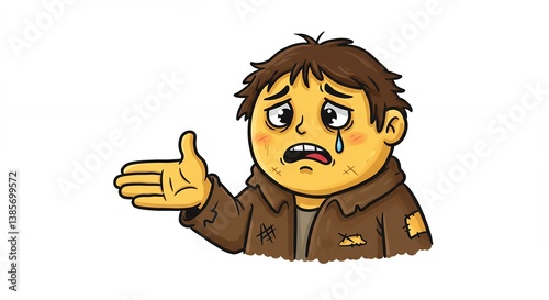 Illustration of a Poor Cartoon Character Showing Emotion and Appealing for Aid