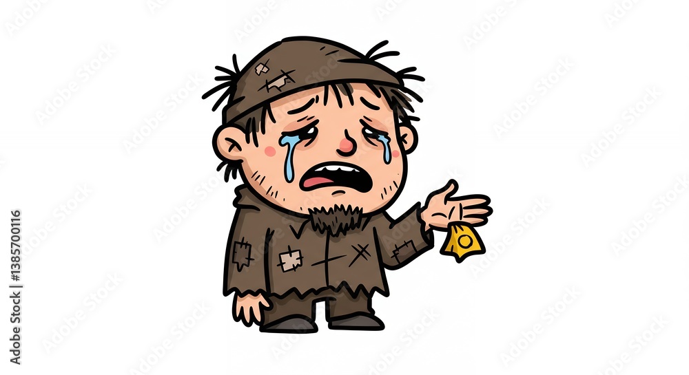 Obraz premium Cartoon of a impoverished man weeping with his meager belongings, a poignant illustration