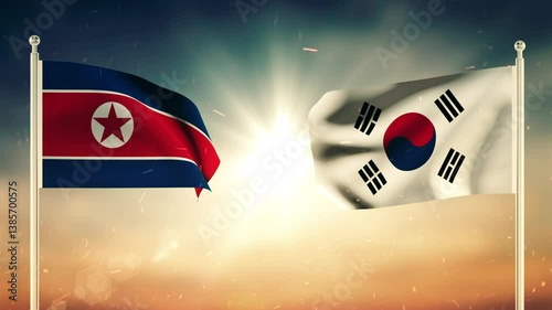North Korea And South Korea Flags Waving Against Each Other. Diplomatic concept. Flag Waving. Seamless, Sunset. 3D Dark Video with Textured Detail, 4K Animation.