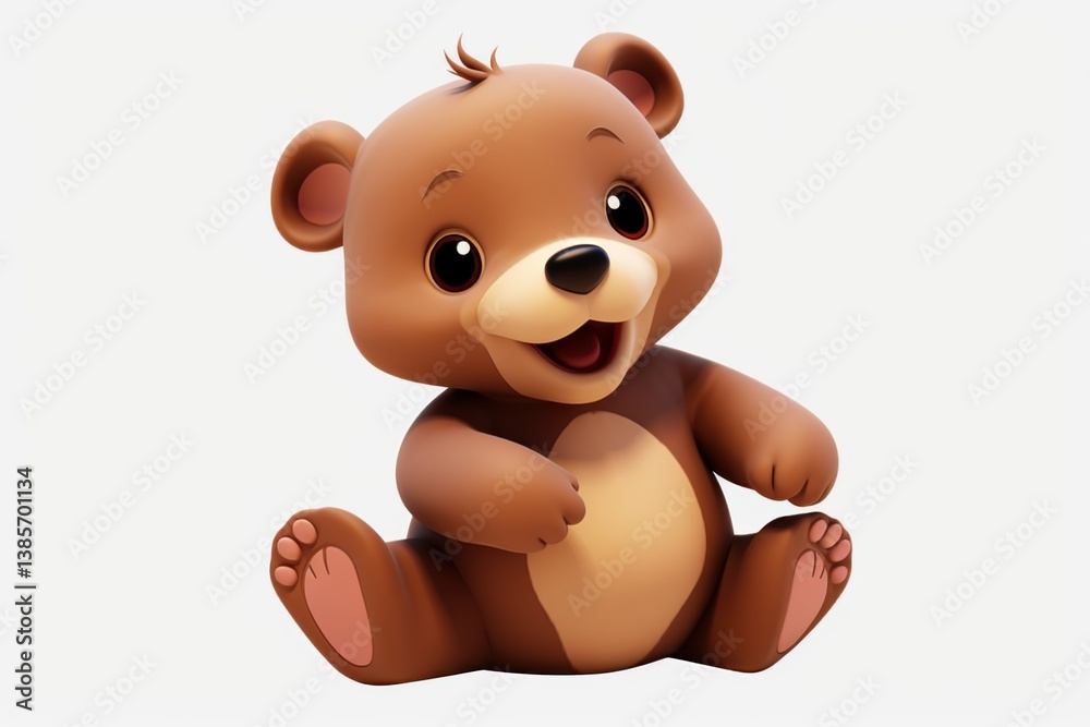 Naklejka premium Furry brown bear cub sitting contentedly, soft paws resting on rounded belly, bright eyes gleaming with playful innocence against pristine white background