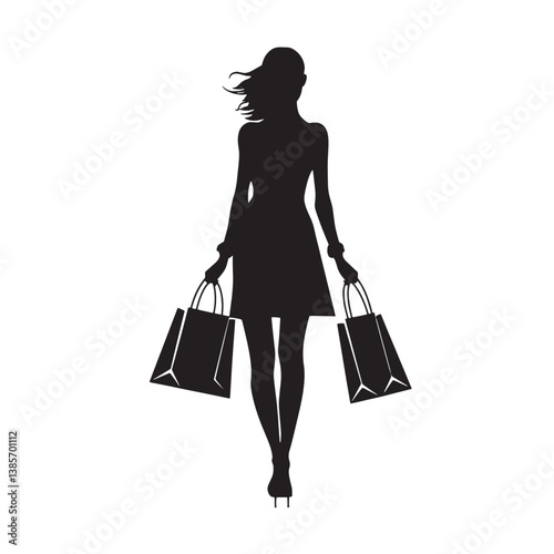 A smiling fashion lady, a silhouette of a woman with shopping bags, enjoys retail therapy