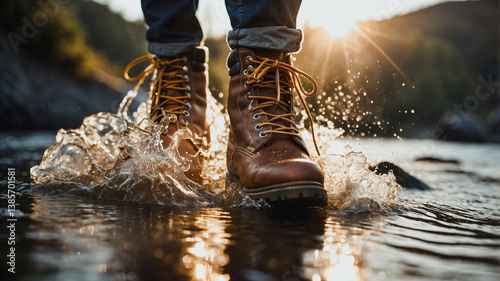 Waterproof leather trekking shoes on wet mountain trail in rain. Close up of hiking boot. Impregnation and cleaning of trekking boots