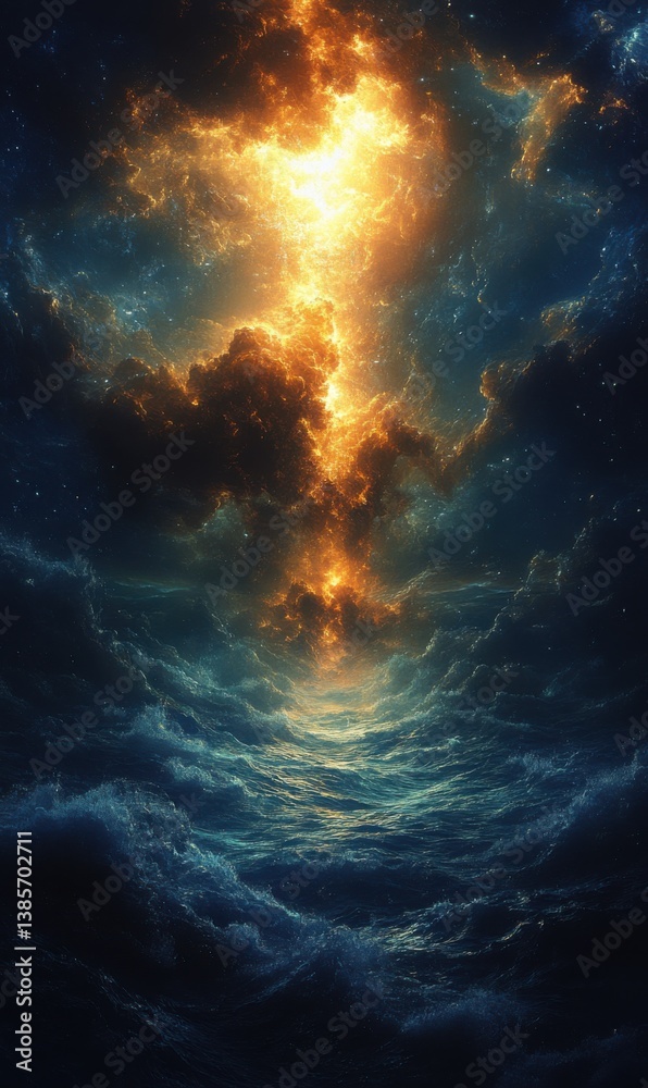 Majestic clouds illuminated by fiery light over an ocean at night Majestic clouds illuminated by fiery light over an ocean at night