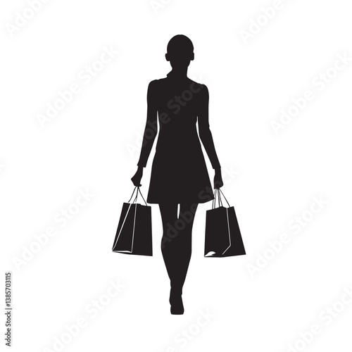 A smiling fashion lady holding shopping bags, a silhouette of a woman shopper with retail purchases