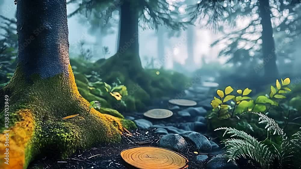 Misty Forest Path with Tree Stumps and Ferns in Lush Greenery

