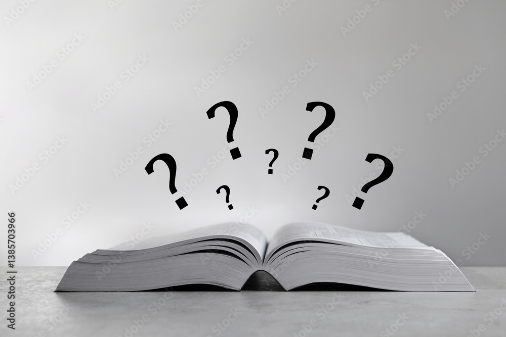 Question marks over open book on table against light grey background