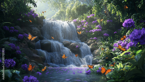 A waterfall in the jungle, with butterflies and purple flowers,