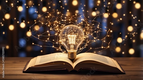 An open book on a wooden table with a glowing lightbulb emerging from its pages