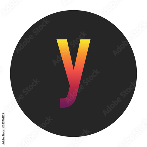 Vibrant Gradient Lowercase Letter y Glowing with Bright Yellow, Vivid Orange, Deep Red, and Dark Purple Tones on Dark Gray Circular Background Symbolizing Beginning, Unity, and Creativity in Digital