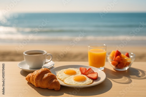 Delicious Breakfast Spread on Beachside Table With Ocean View During Sunny Mo...