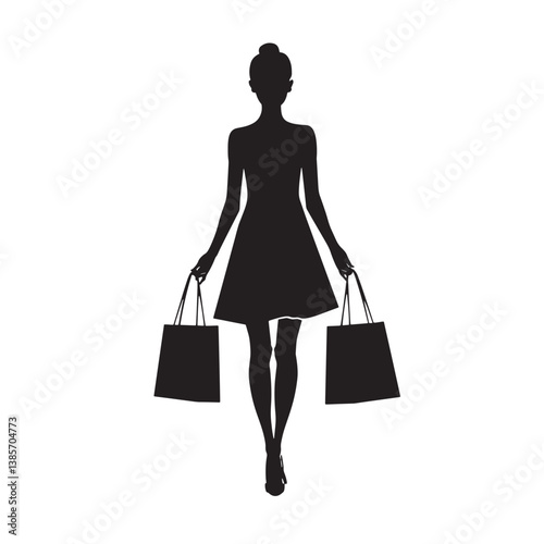 Silhouette of a smiling woman shopper holding fashion bags