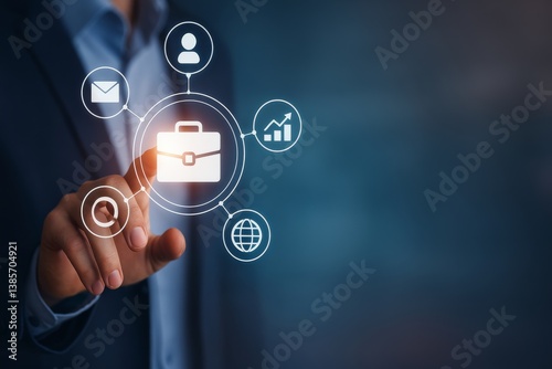 Business Professional Interacting With Digital Icons for Career Growth and Ne...