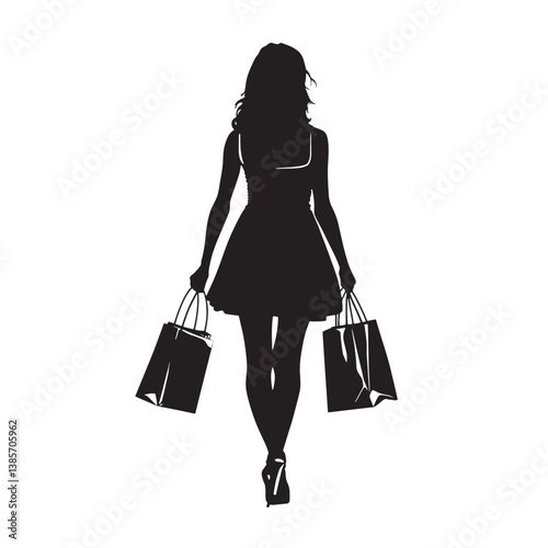 A smiling fashion shopper, a lady holding bags, enjoys a retail sale lifestyle