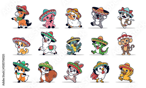 Animals with sombrero hat vector illustration set