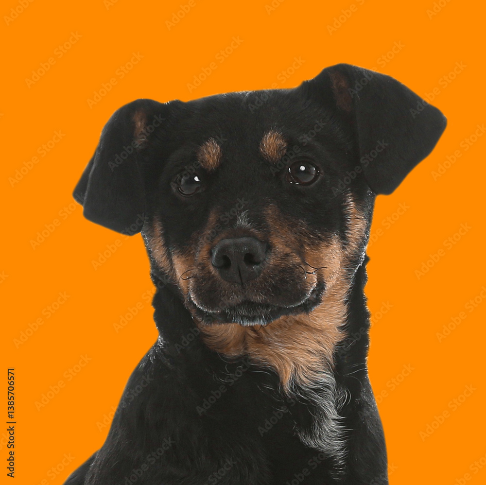 Obraz premium Portrait of cute dog on orange background