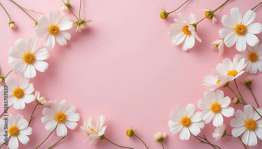 Naklejka premium Delicate white cosmos flowers, Soft pink background,