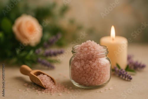 Relaxing Bath Essentials With Pink Salt, Candle, and Flowers on a Serene Back...