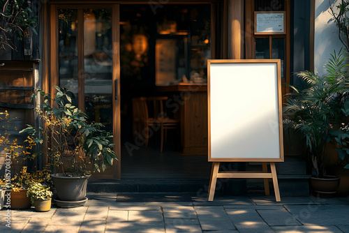 A blank A2 format sign on an angled stand outside a cozy, inviting establishment