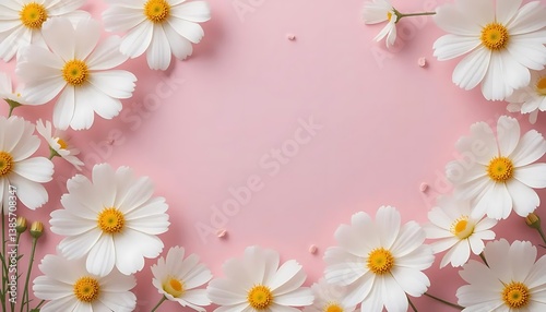 Delicate white cosmos flowers, Soft pink background,