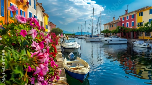 The port  picturesque canals and colorful buildings , a big yachts , small boats , Generative AI illustrations.