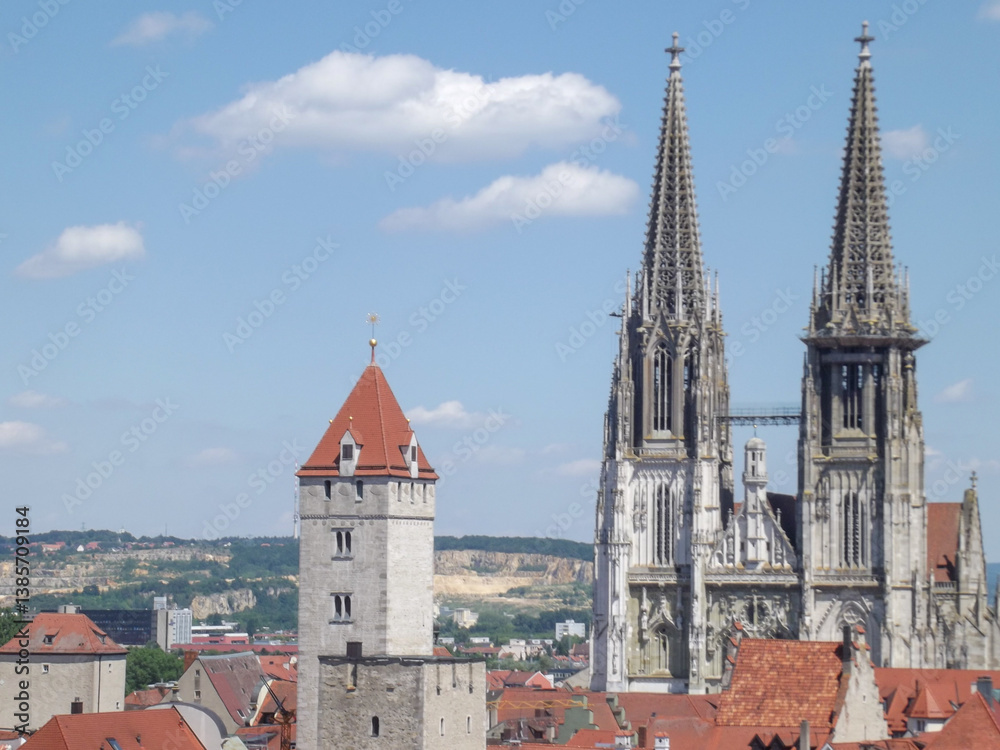 Fototapeta premium Scenic City View with Cathedral and Medieval Tower