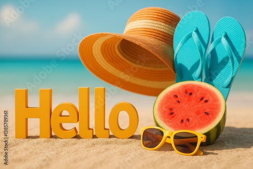 Summer Beach Vibes With Bright Colors, Refreshing Watermelon, and Accessories...