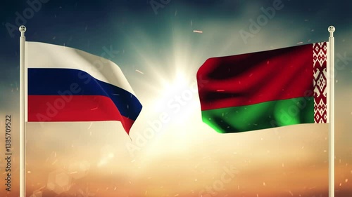 Russia And Belarus Flags Waving Against Each Other.
Diplomatic concept. Flag Waving. Seamless, Sunset. 3D Dark Video with Textured Detail, 4K Animation.