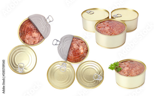 Different canned meat in tin cans isolated on white, set
