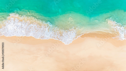 Fototapeta Naklejka Na Ścianę i Meble -  Aerial shot of tropical shoreline with blue waters and white sand. summer background and summer holiday concept.