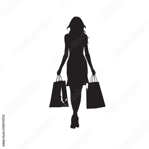 A smiling woman silhouette holds shopping bags, radiating joy from her retail purchase